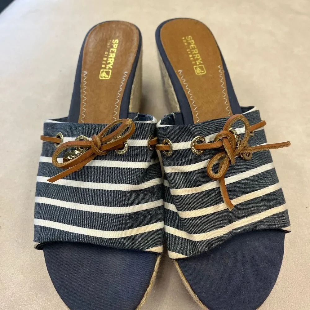 Sperry Nautical Stripe Espadrille Wedge Slip On Slides sz 8.5 EUC